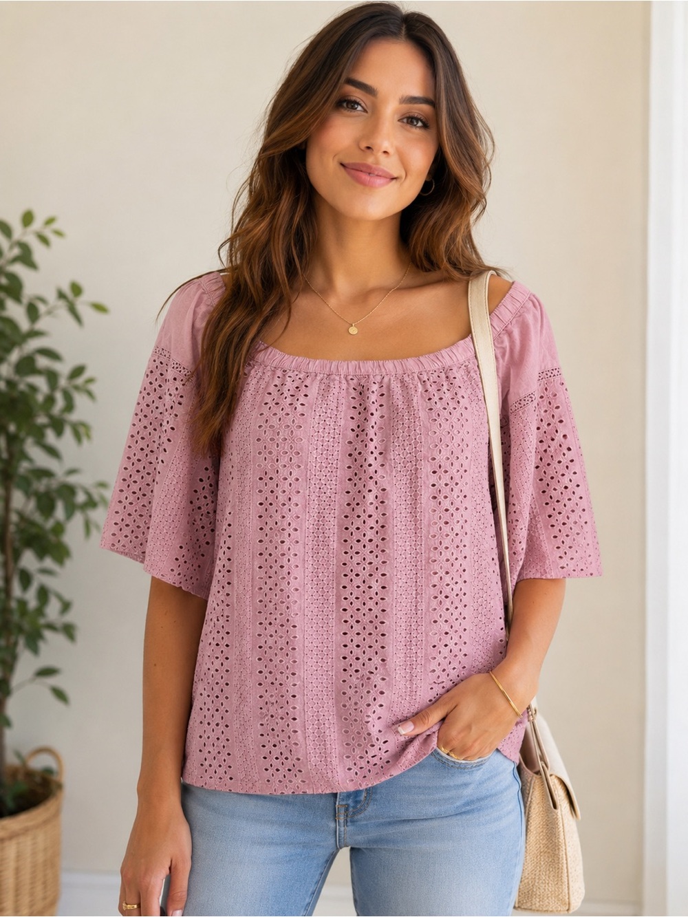 Abercrombie & Fitch Pink Eyelet Square-Neck Blouse
